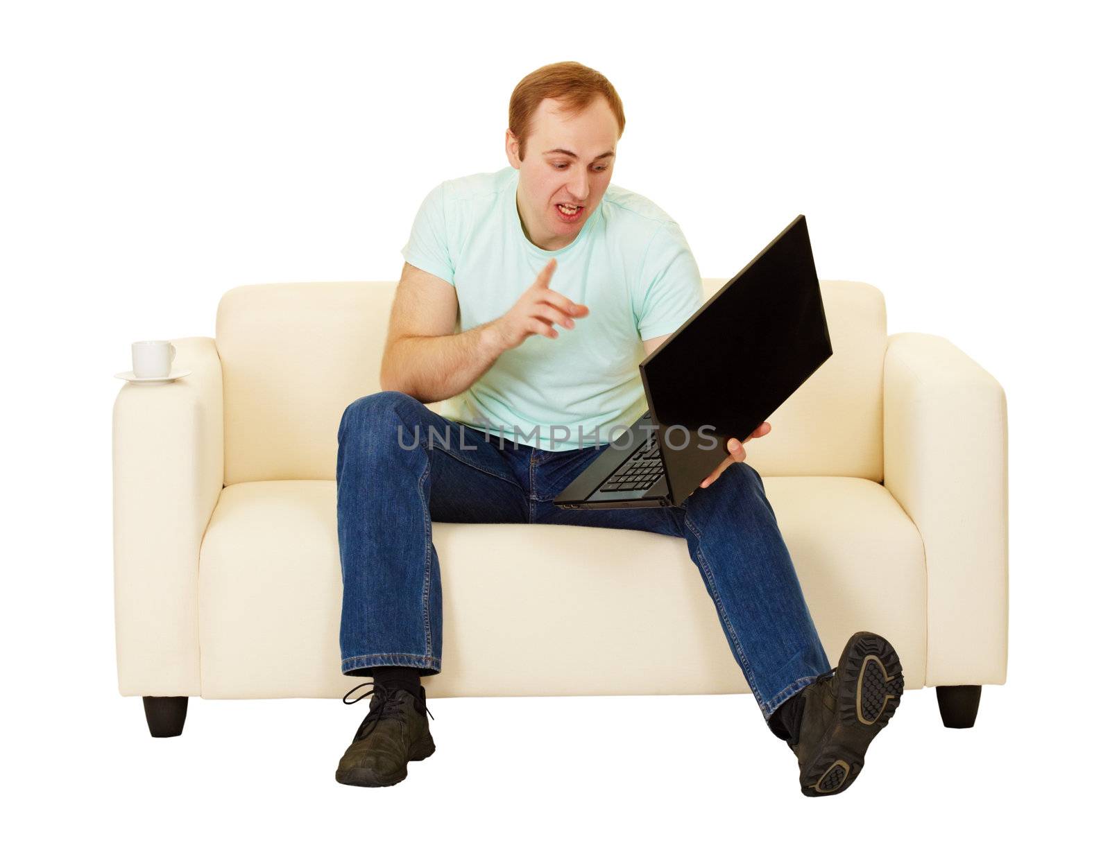 Man was talking with computer on the couch by pzaxe