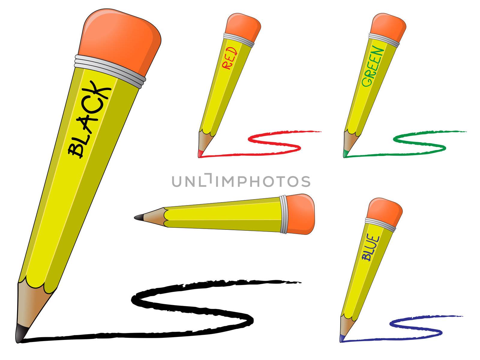 black and colored pencils against white background, abstract vector art illustration