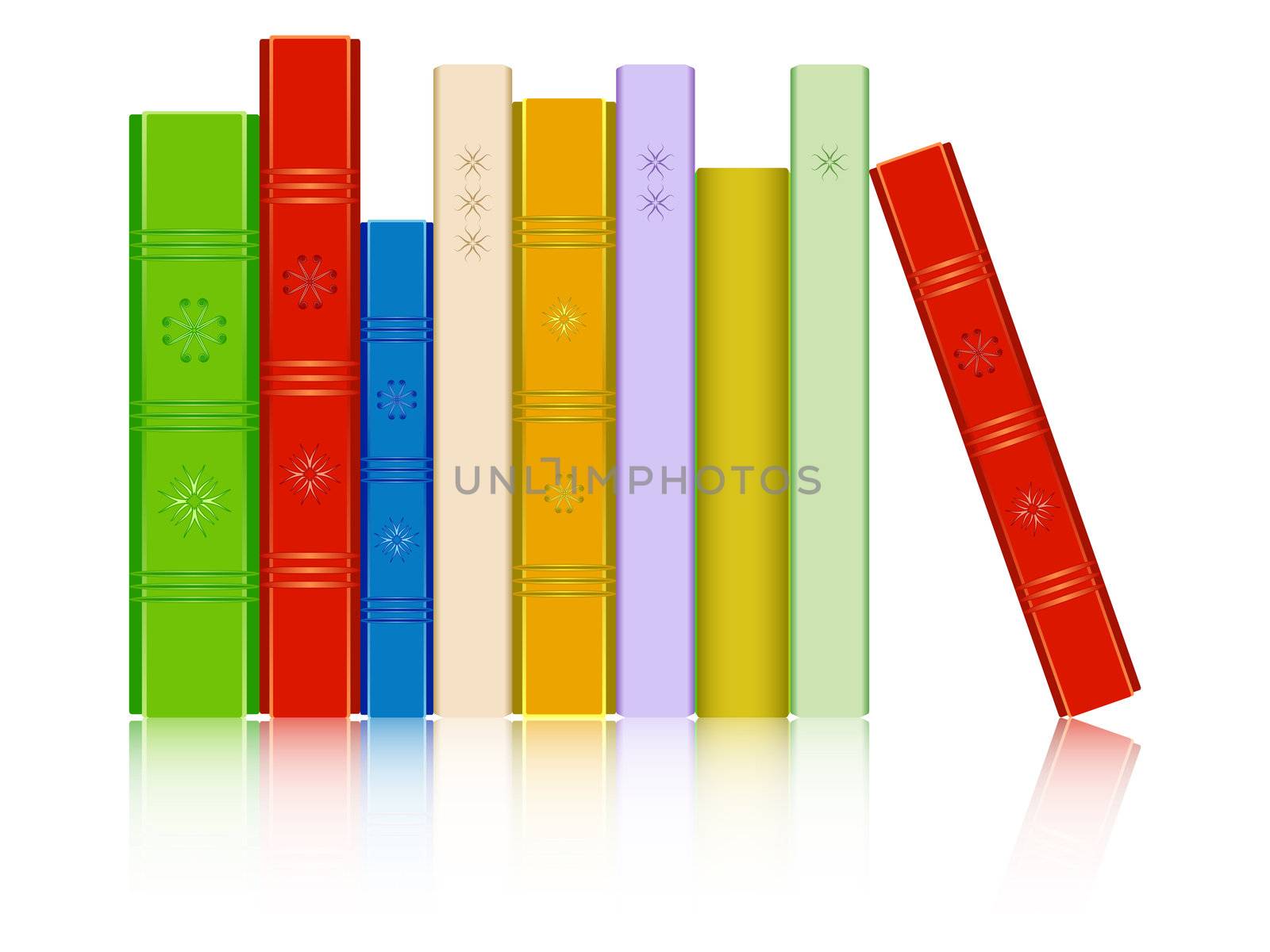 books in a row reflected against white background; abstract vector art illustration; image contains opacity mask