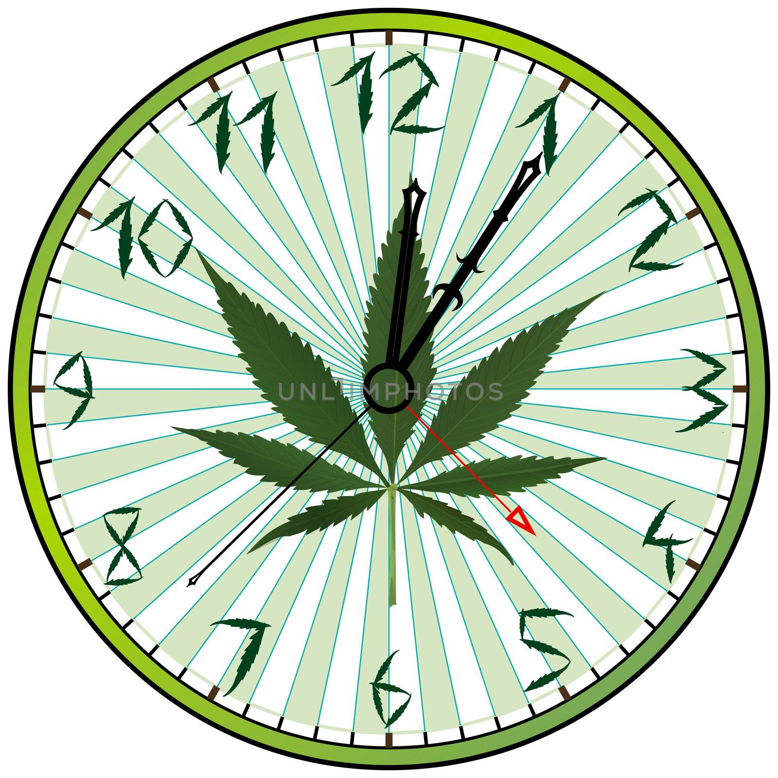 cannabis green clock against white background, abstract vector art illustration; image contains transparency