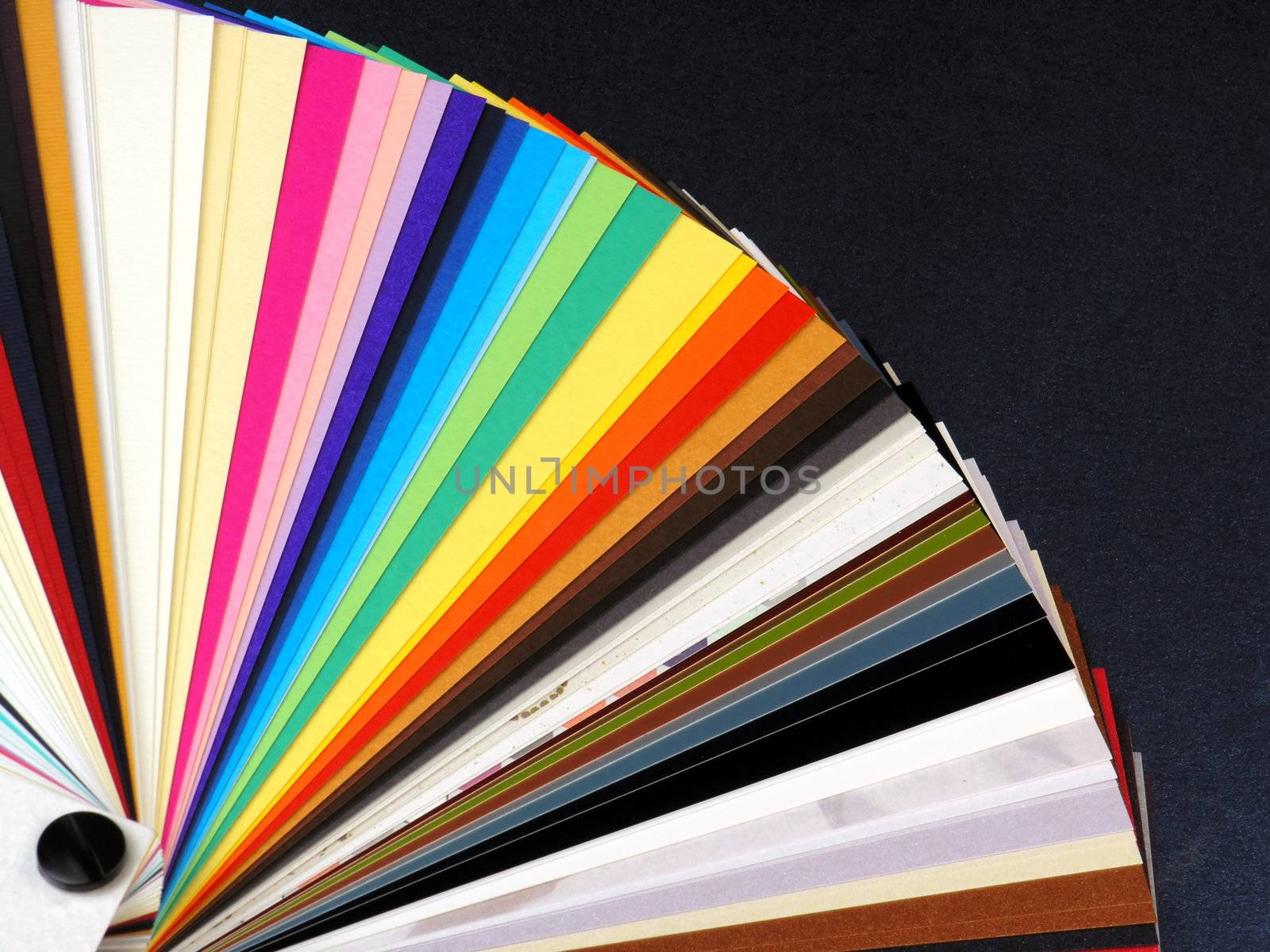 Colored samples of different papers on white background, business cards