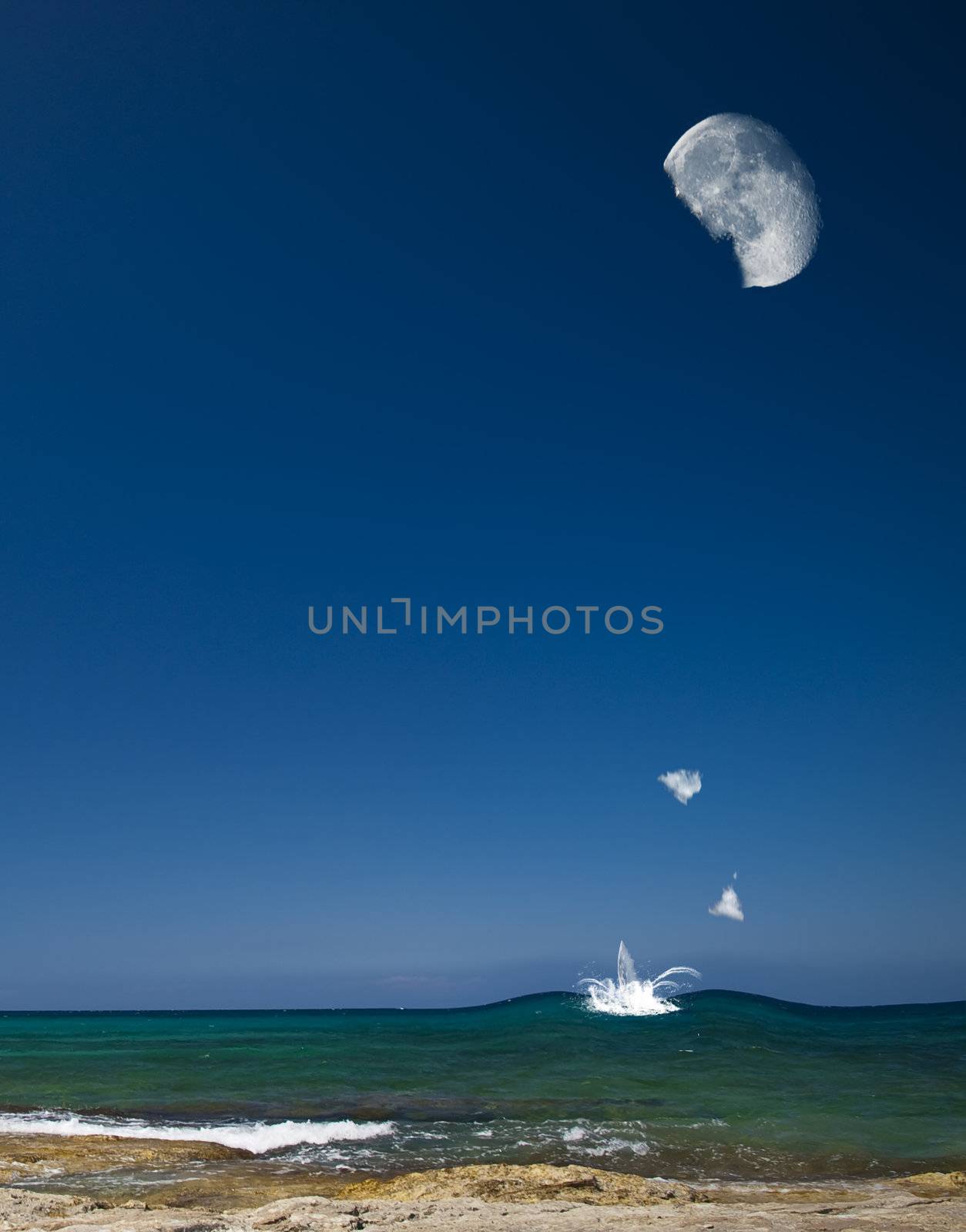 Surreal image showing a broken Moon with pieces falling into the ocean