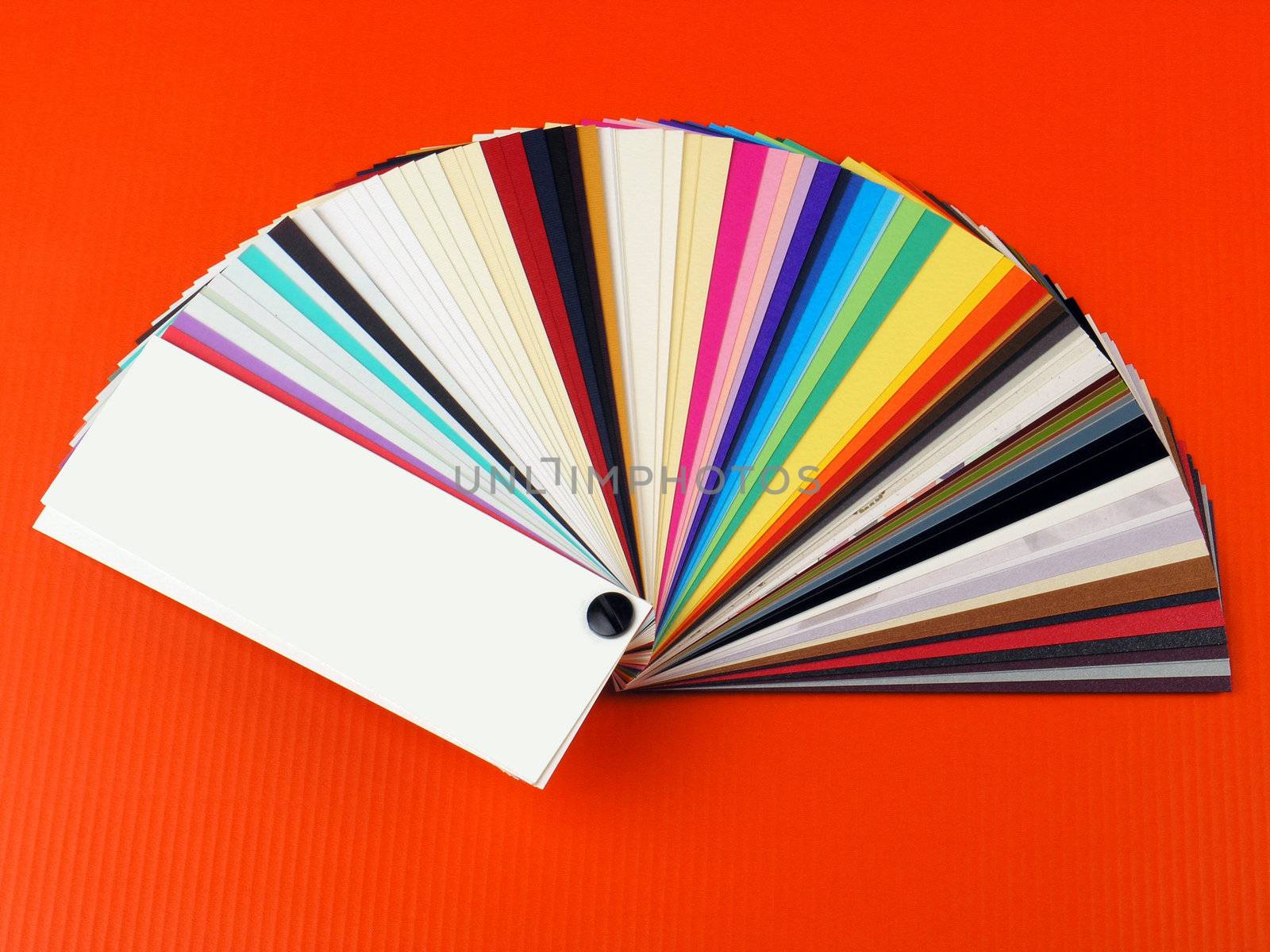 Colored samples of different papers on white background, business cards
