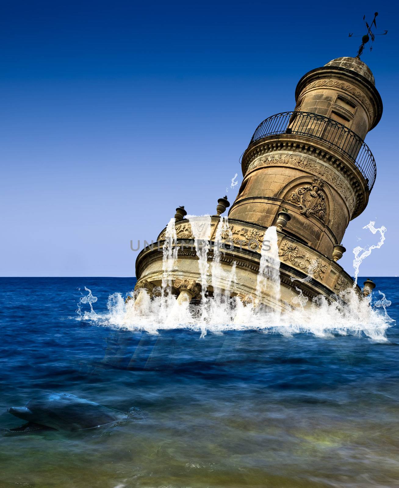 Surreal image showing ancient ruins rise out of the seas