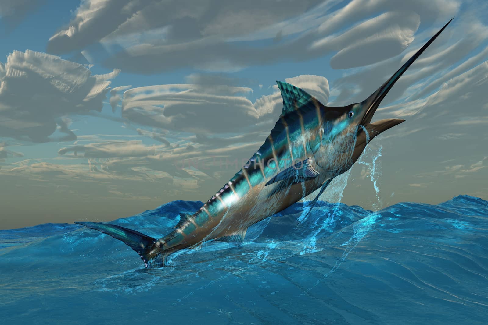 An iridescent Blue Marlin bursts from ocean waters with with marvelous energy.