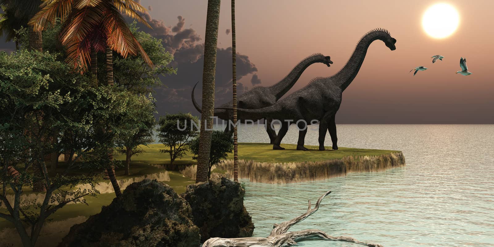 Two Brachiosaurus dinosaurs enjoy a beautiful sunset.