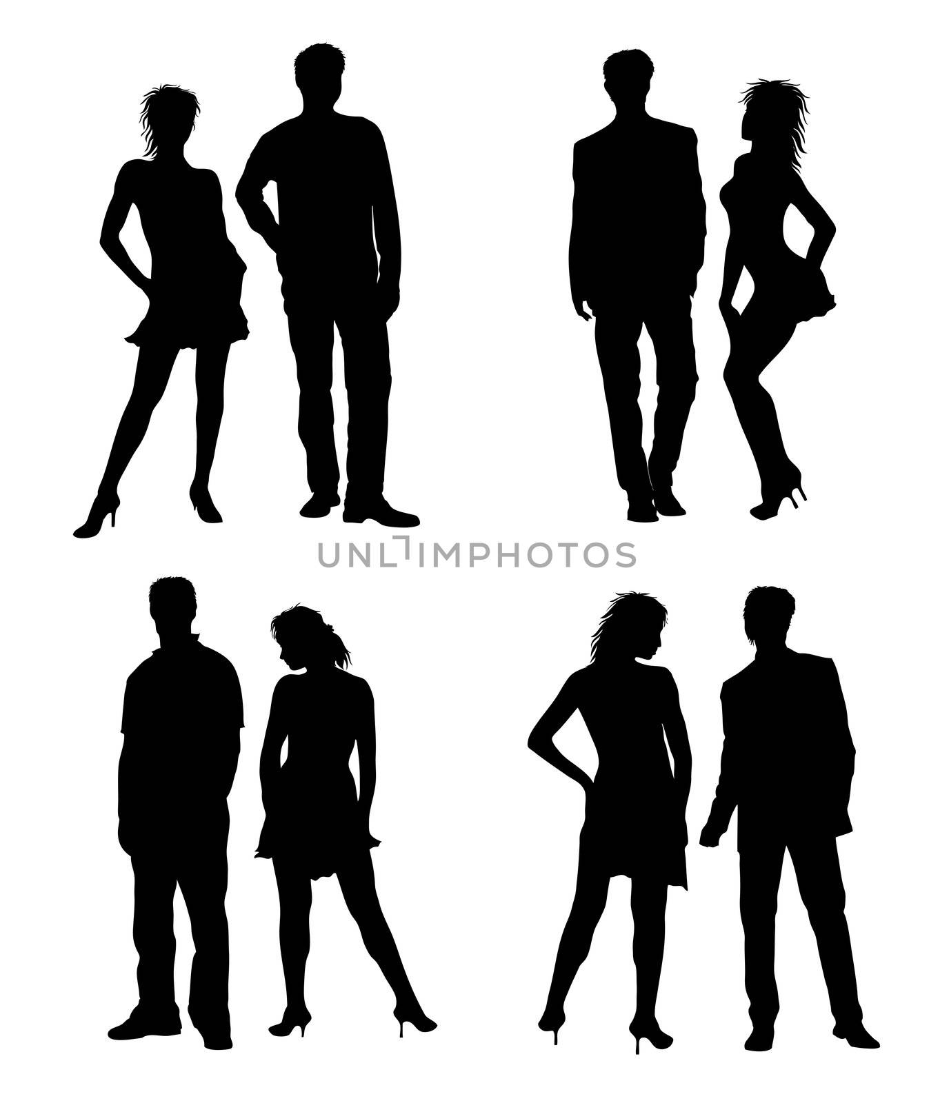 Young adults couple silhouettes black white