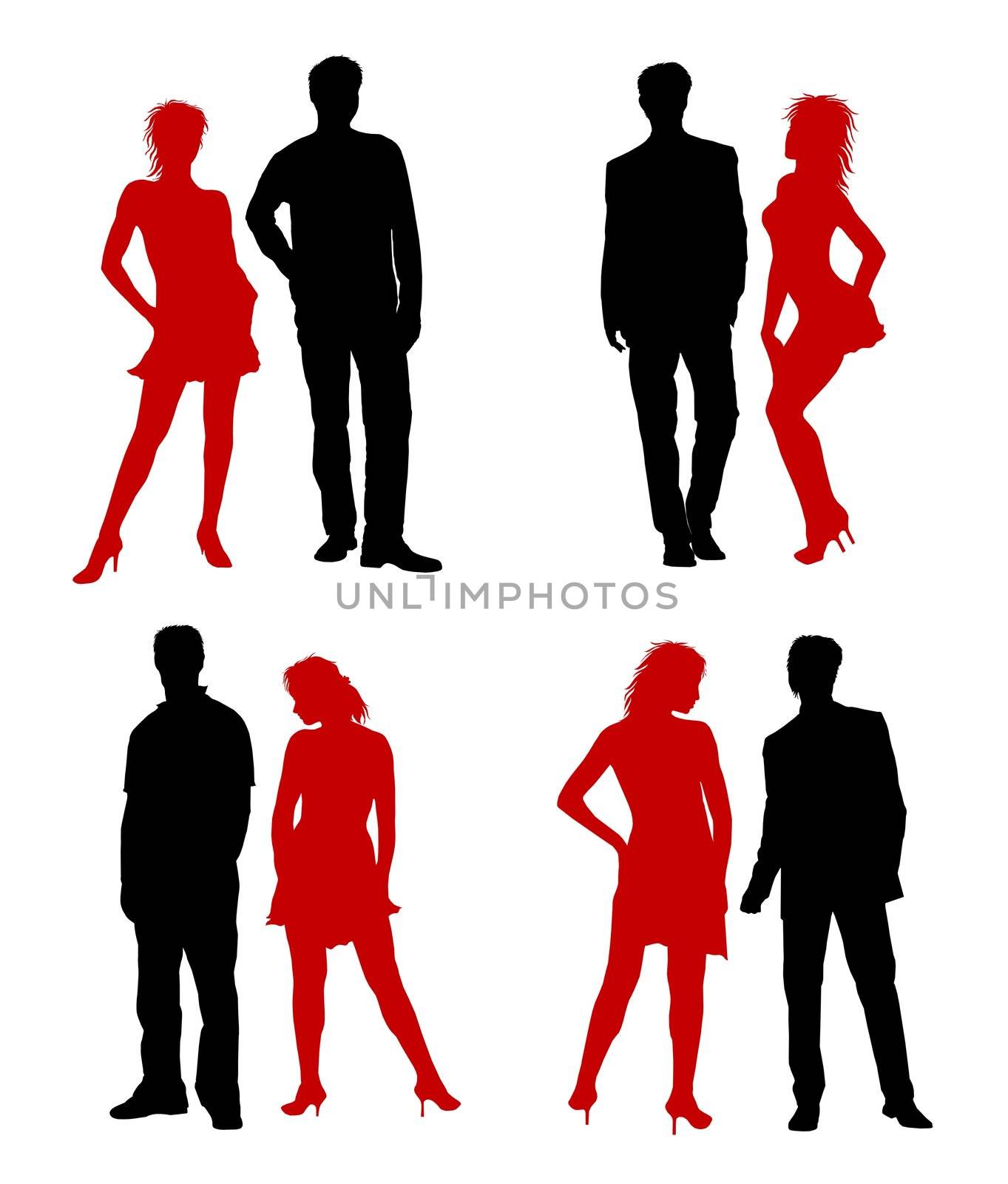Young adults couple silhouettes black red