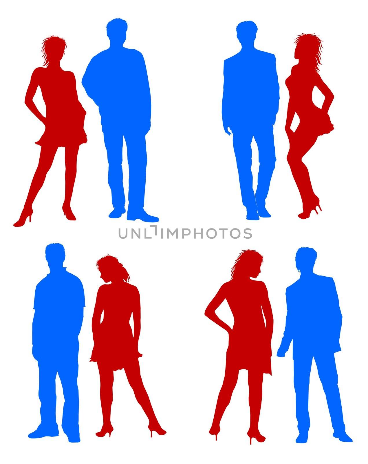 Young adults couple silhouettes red blue by peromarketing