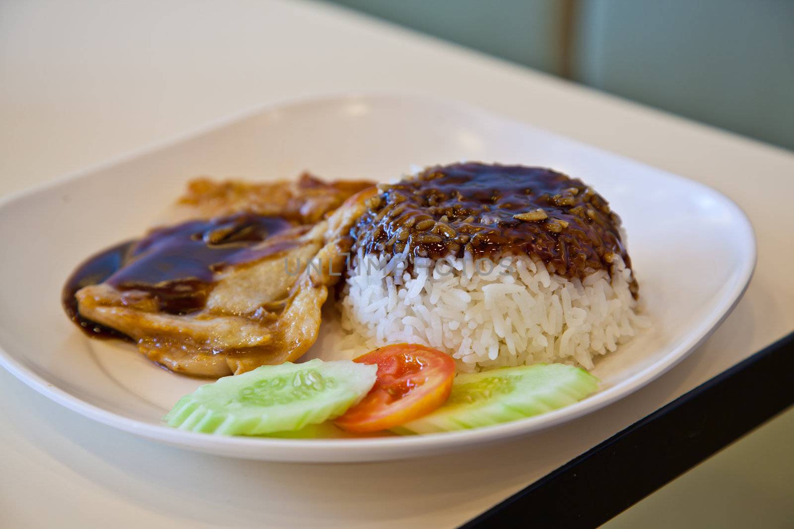 grilled chicken, rice with teriyaki sauce and tomato  by FrameAngel