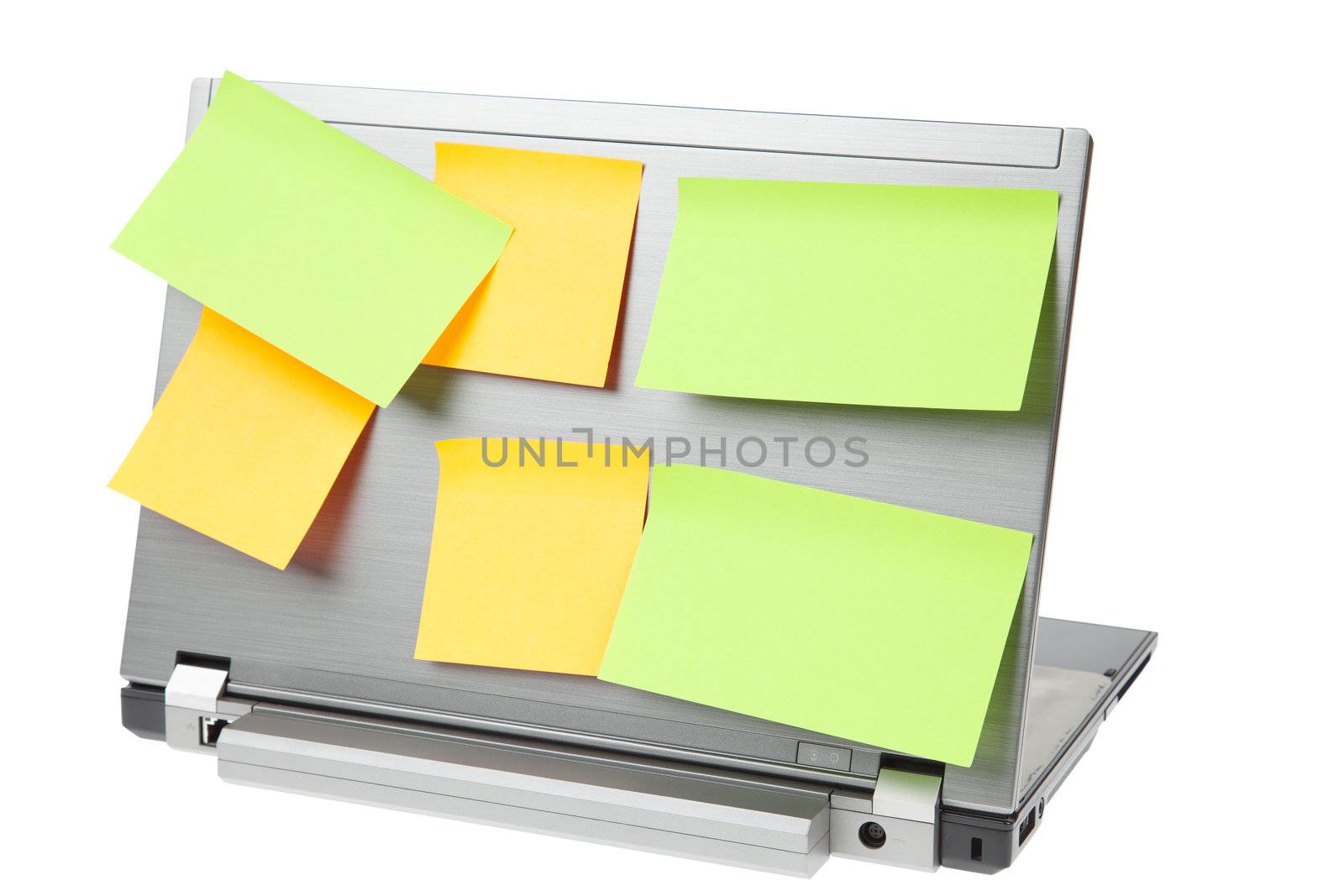 Laptop notebook isolated on white with postits on it by FrameAngel