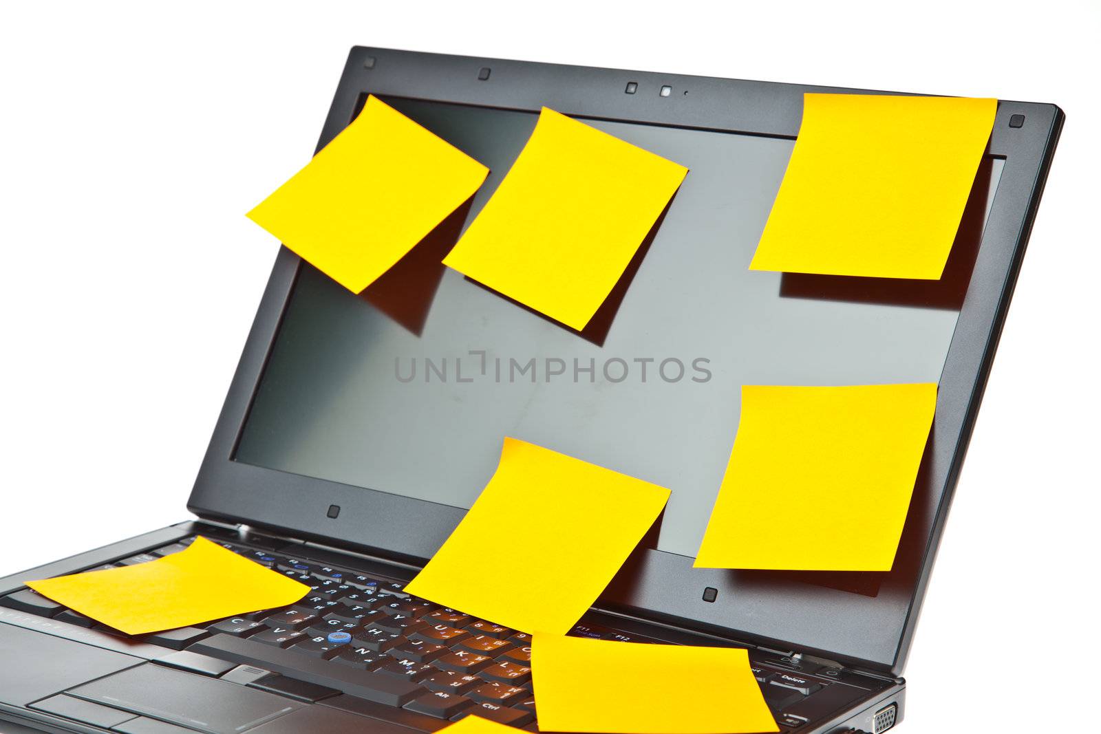 Laptop notebook isolated on white with postits on it