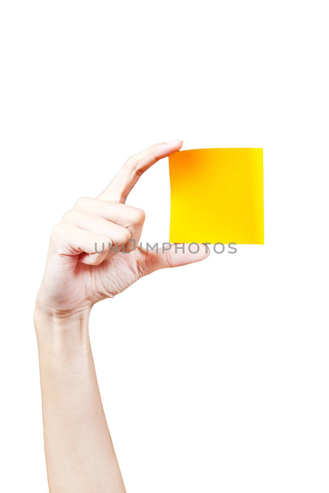 Hand and Post-it isolated on white by FrameAngel