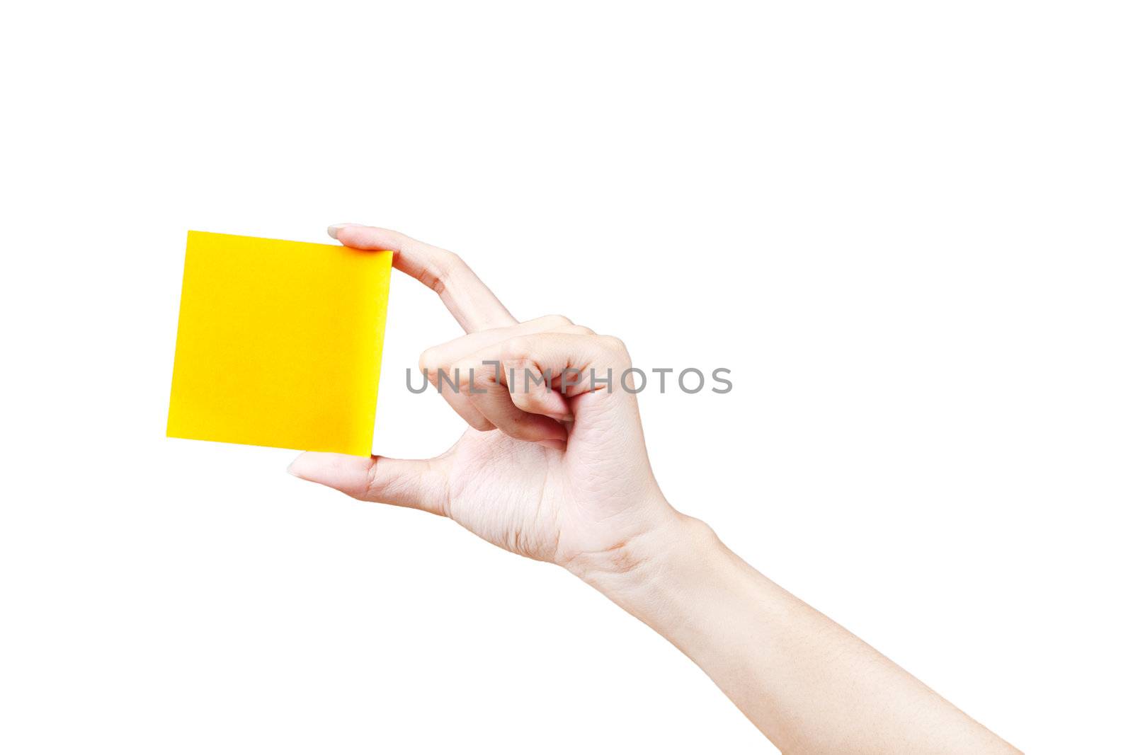 Hand and Post-it isolated on white