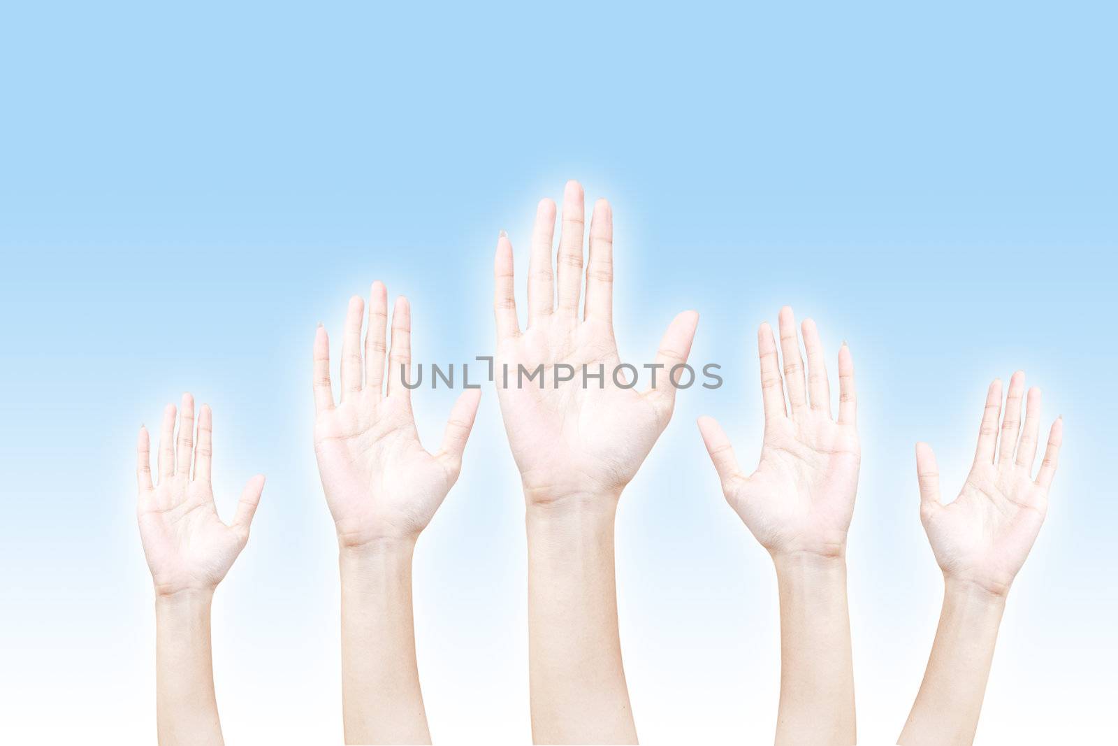 Hand, raised hand up isolated on white by FrameAngel