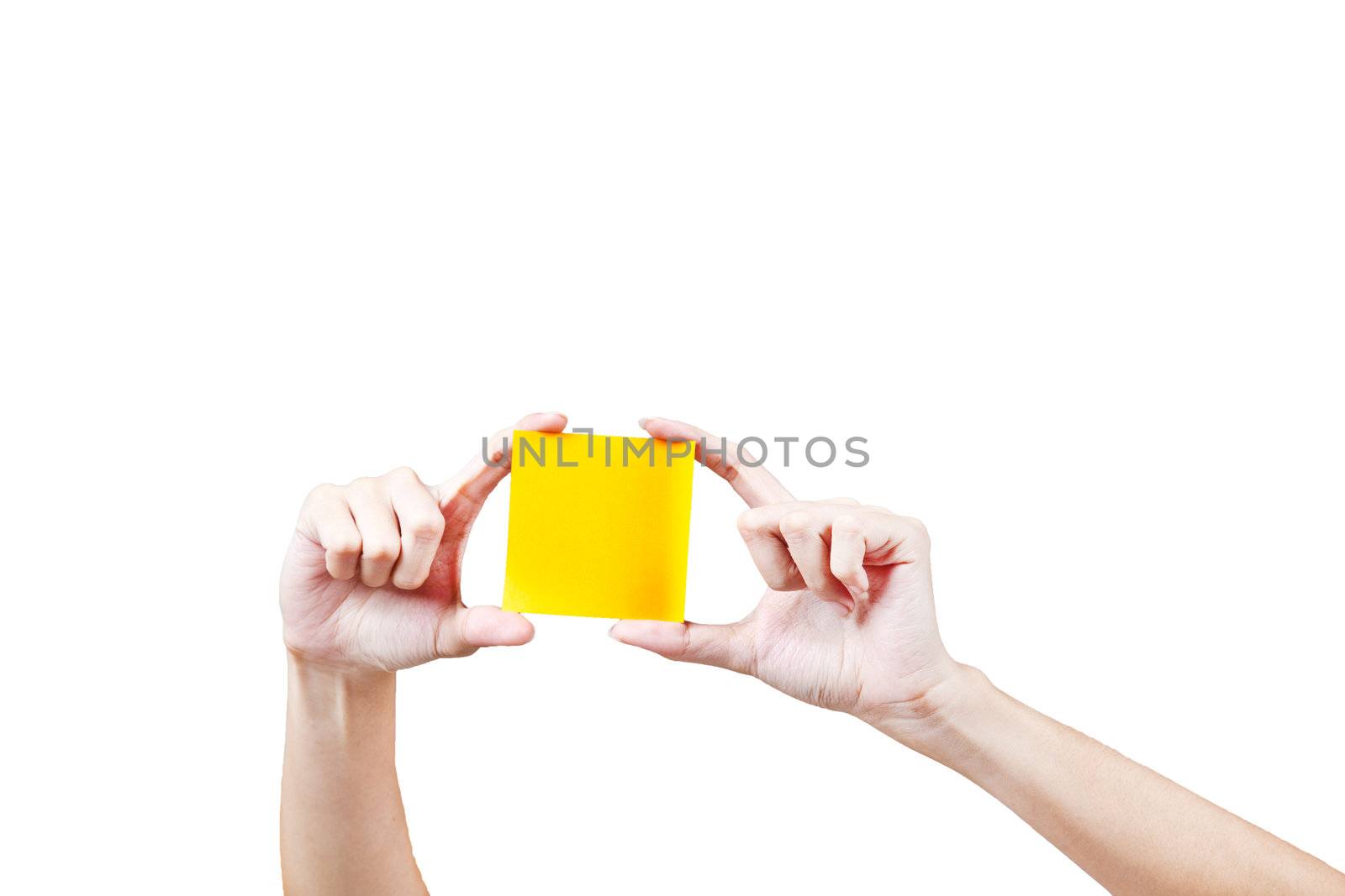 Hand and Post-it isolated on white