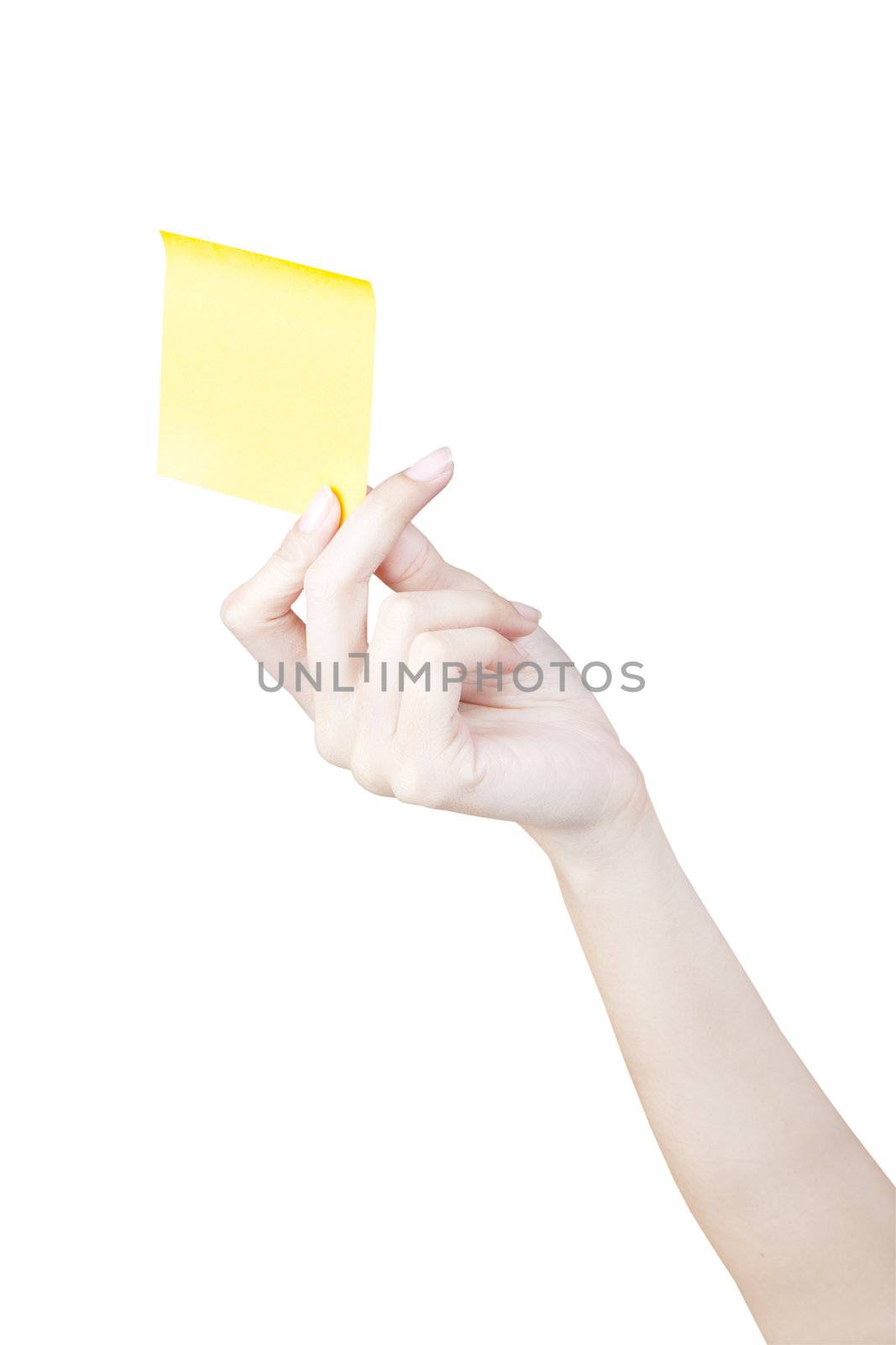 Hand and Post-it isolated on white