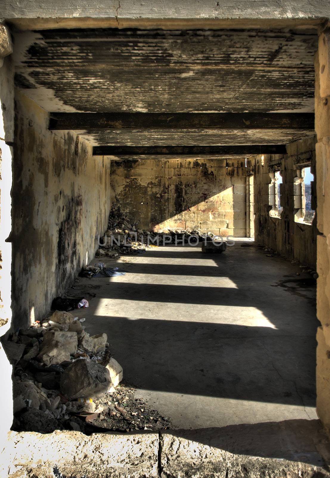 Derelict wartime British barracks lying in ruins