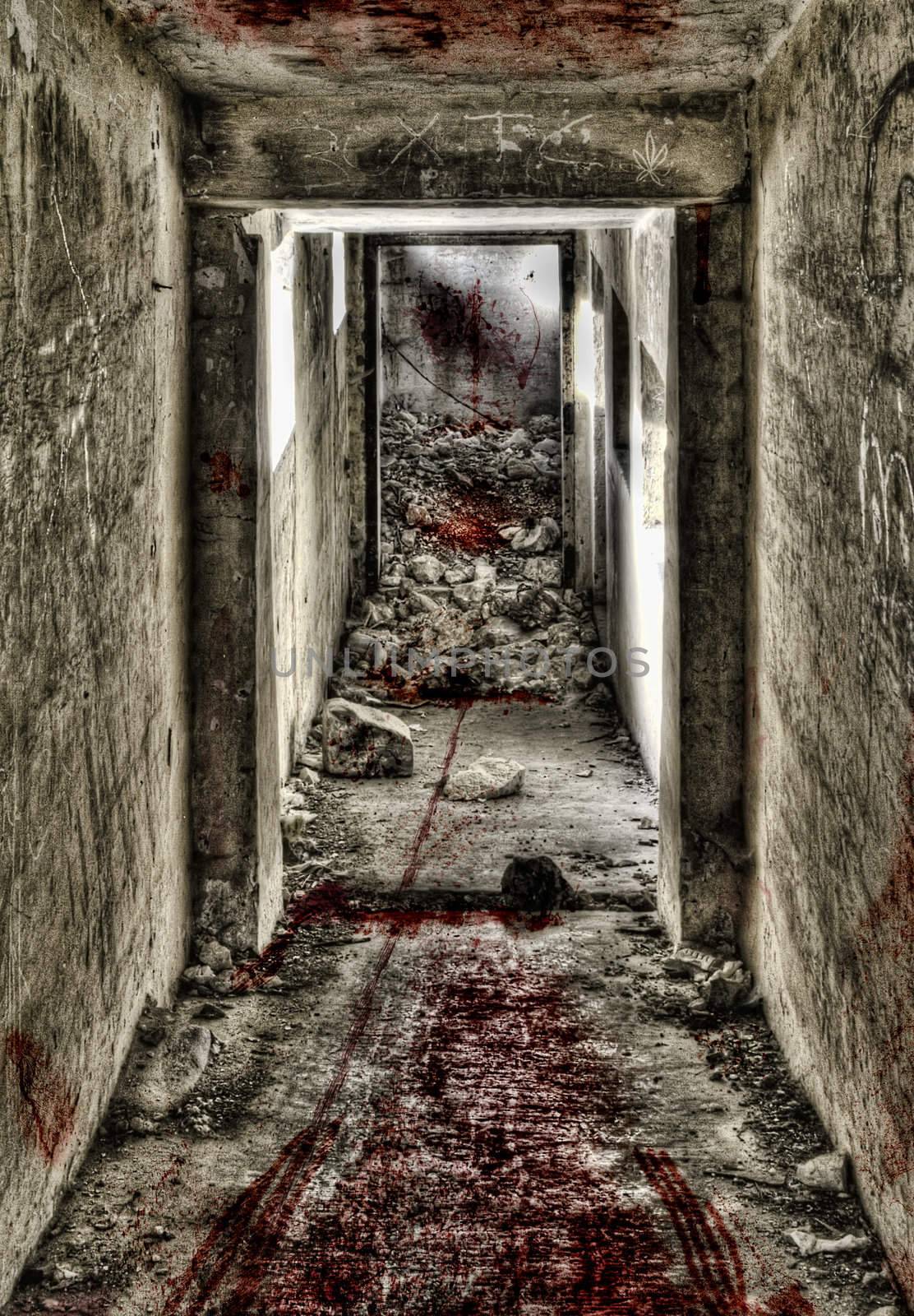 Basement corridor leading through doorway with floor and walls spattered in blood