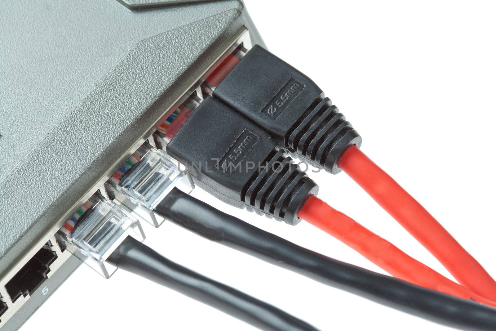 Computer LAN Cables with Router on White Background  by FrameAngel