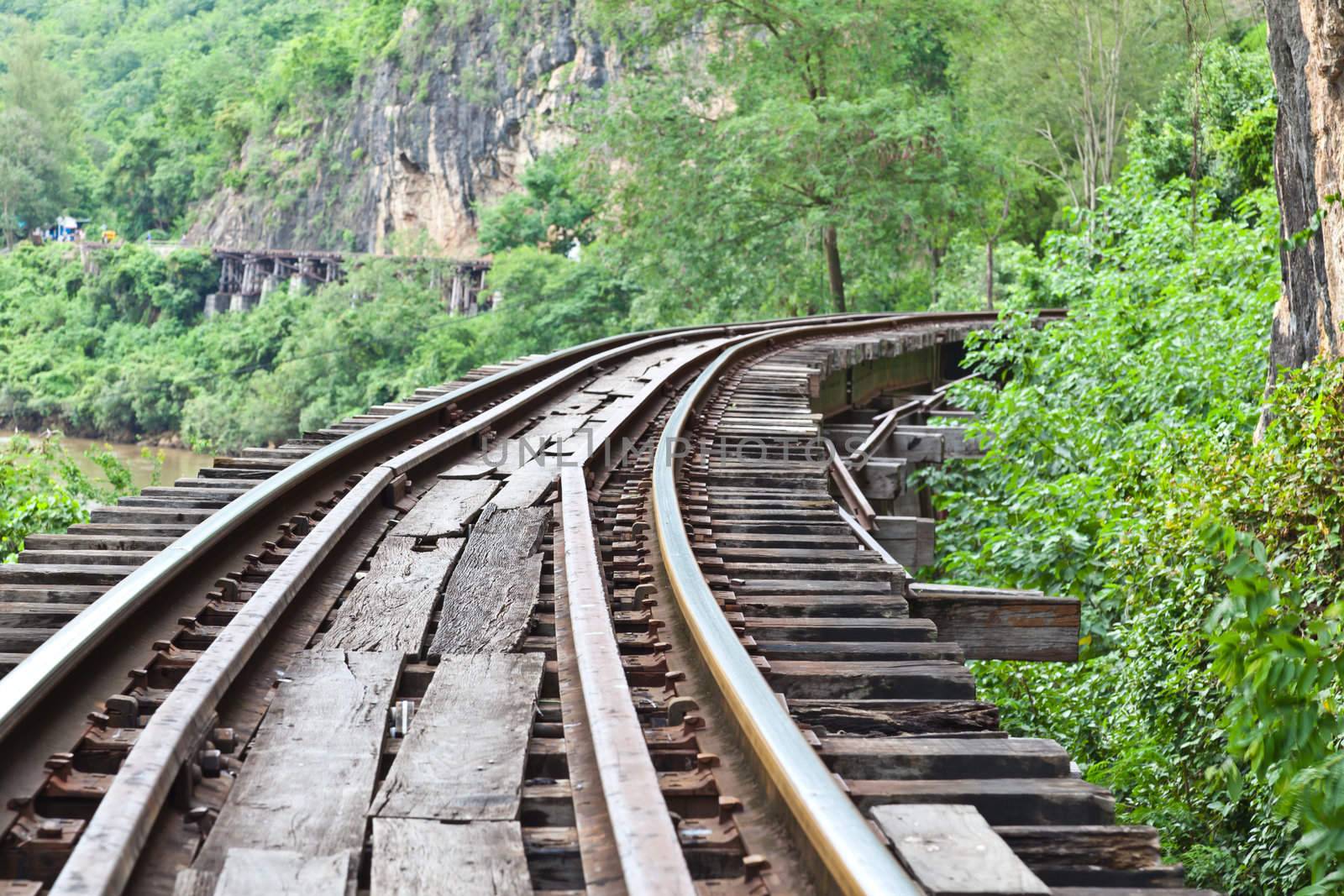 curve train rails with a forest at the background  by FrameAngel