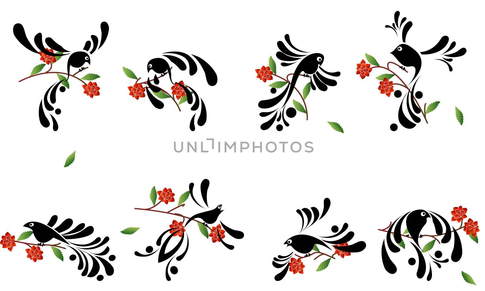 Stylized birds collection, isolated and grouped objects on white