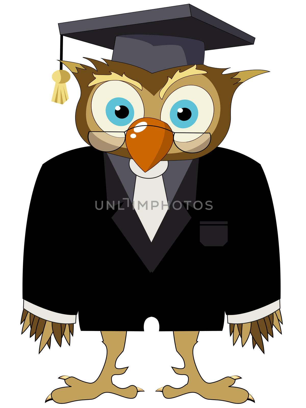 Cartoon drawing of a owl in a suit with graduate hat and glasses