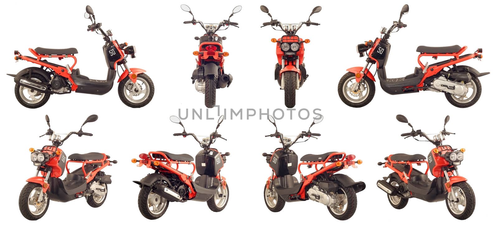 Collection of photos of scooters and motorcycles on a white background. Some images from different foreshortenings in one file.