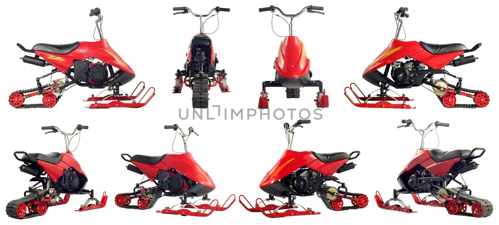 Collection of photos of scooters and motorcycles on a white background. Some images from different foreshortenings in one file.