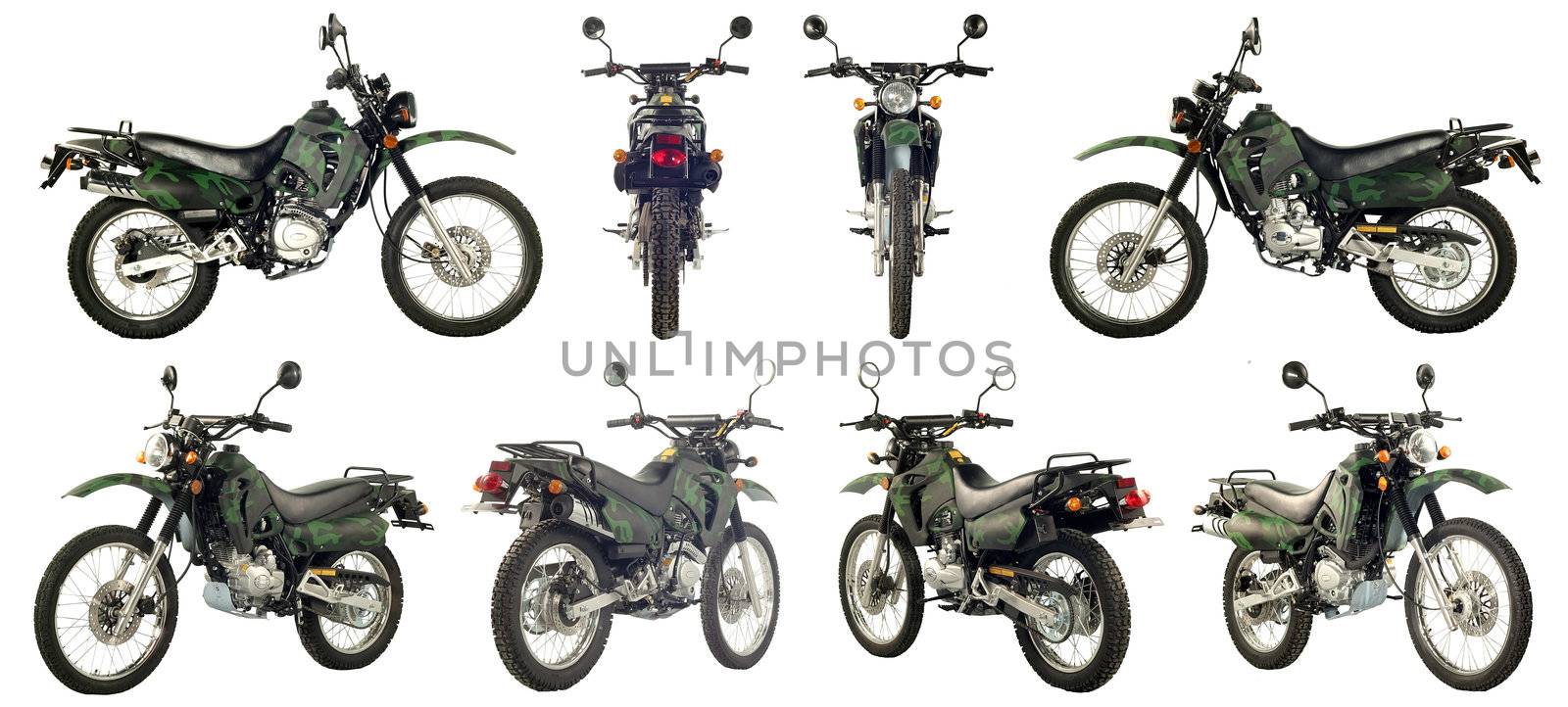 Collection of photos of scooters and motorcycles on a white background. Some images from different foreshortenings in one file.