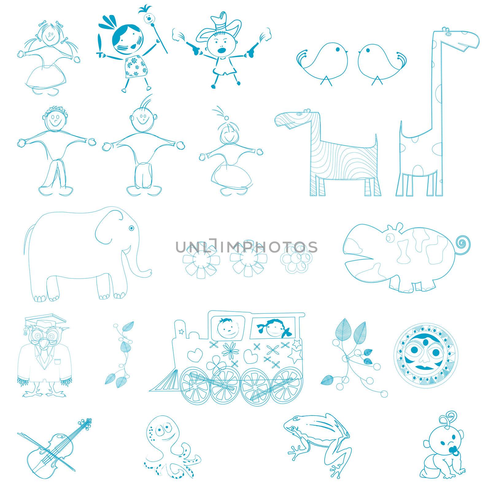 Doodles, cartoon outlines characters over white background, easy to edit, fill with color.