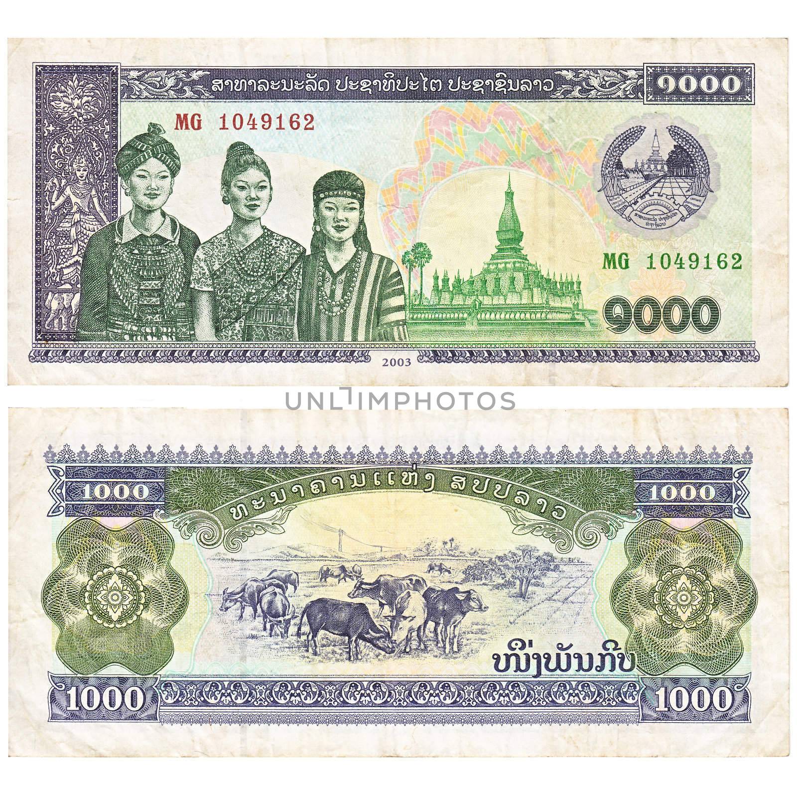Laotian 1000 kip banknote, both sides over white background