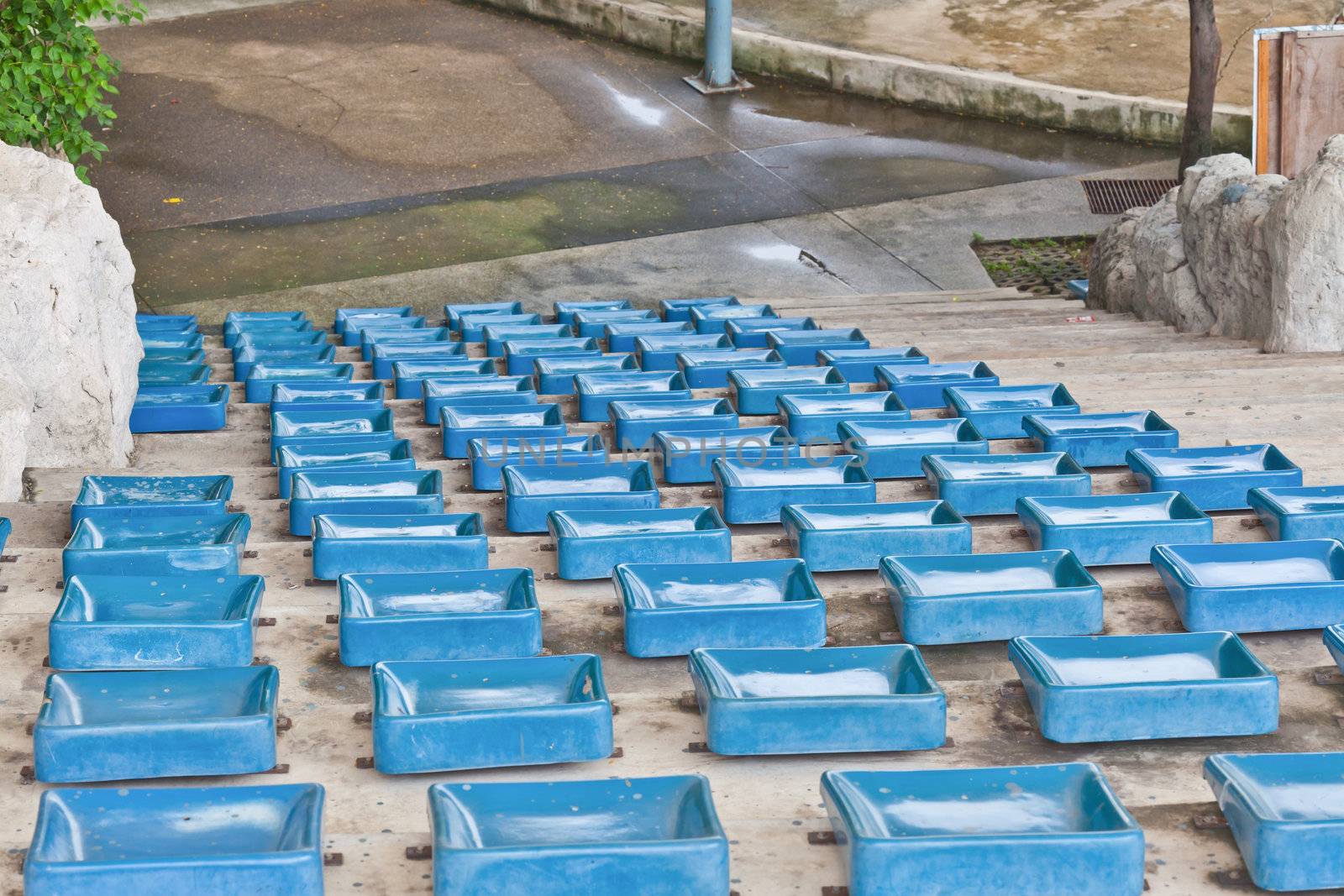 old plastic blue seats on stadium by FrameAngel