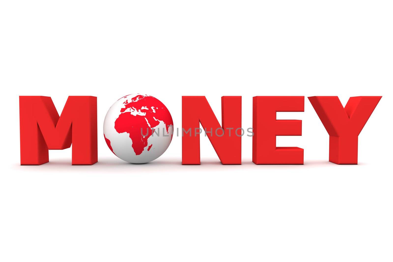 red word Money with 3D globe replacing letter O