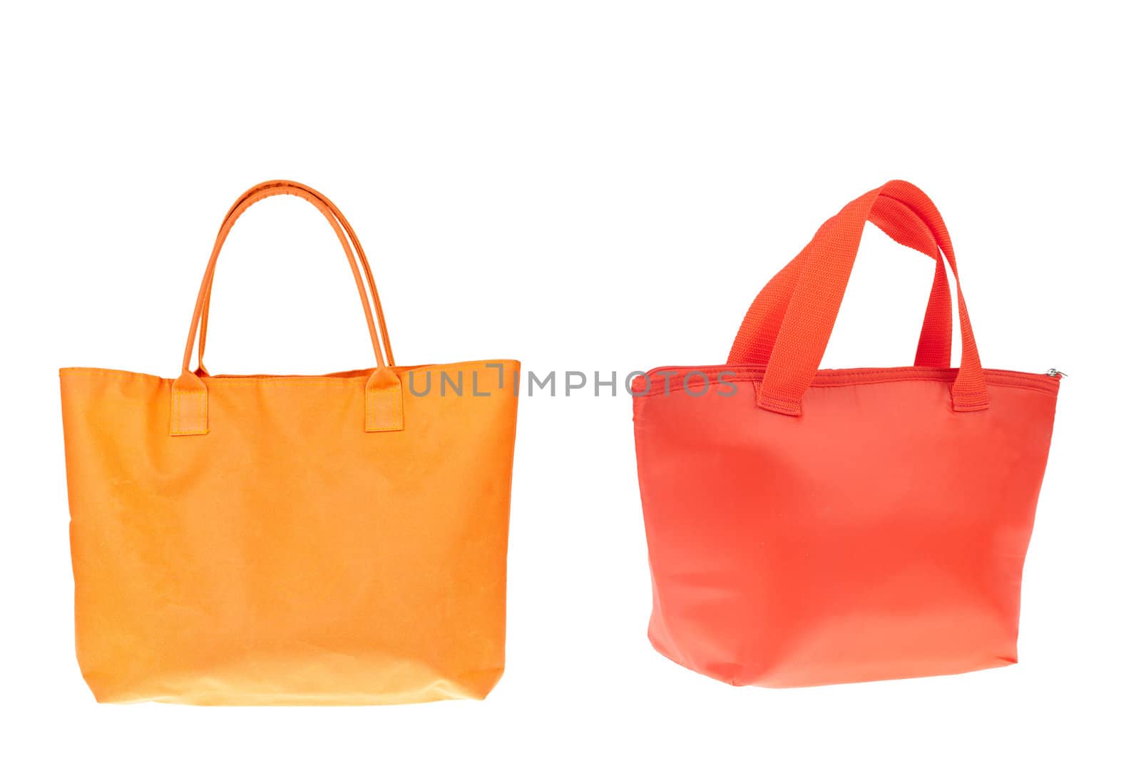 Colorful orange and red cotton bag on white isolated background.