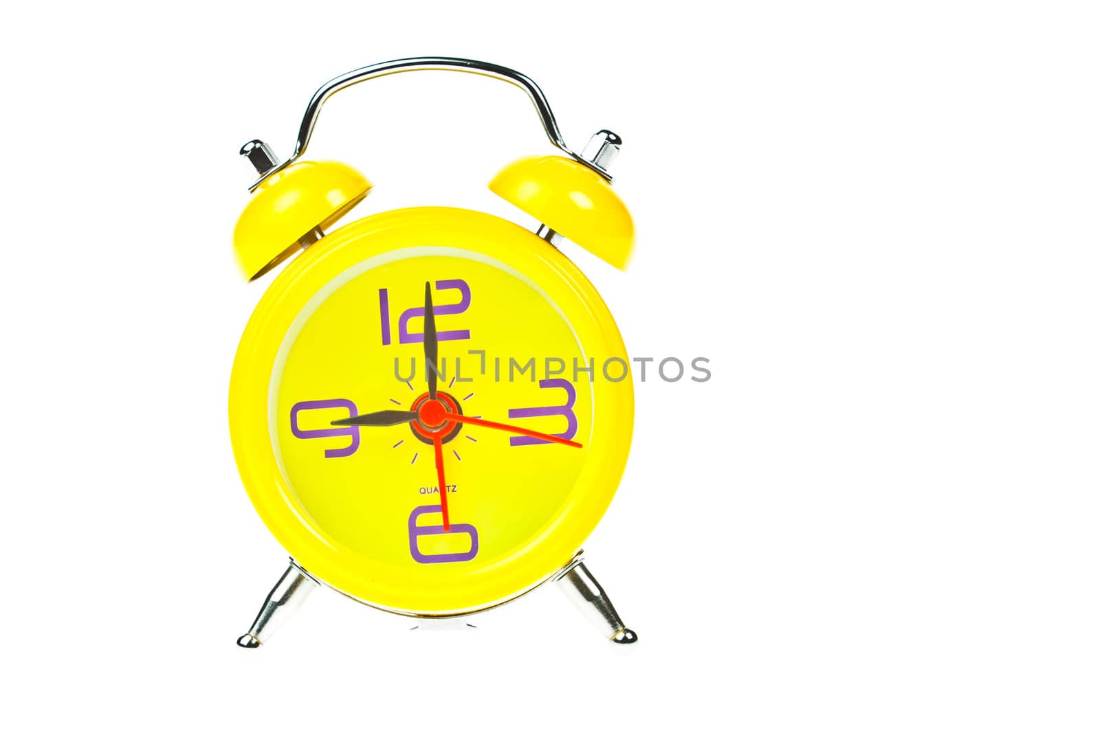 Clock, Yellow clock, showing nine o'clock, Isolated