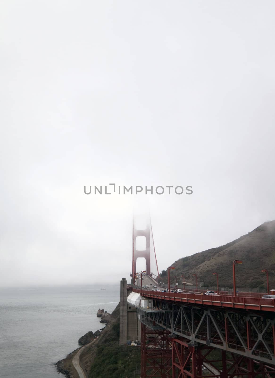 A view of the Golden Gate Bridge on a foggy morning