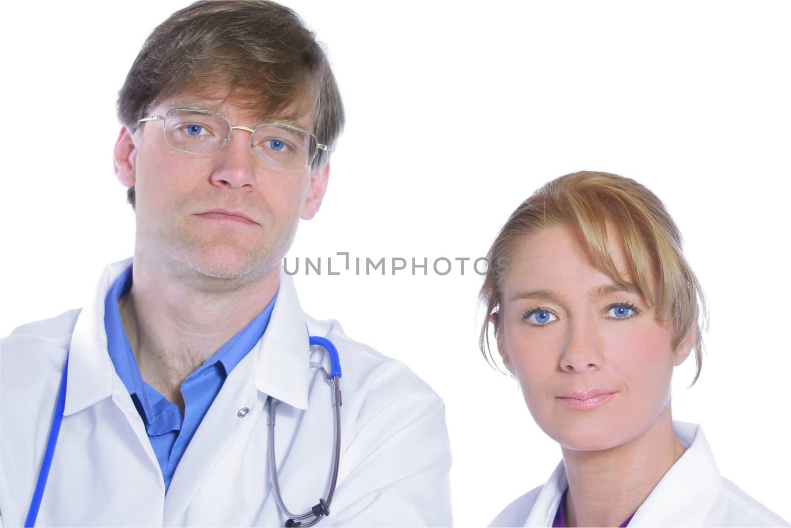 Two doctors in white doctor's jacket ,isolated on white