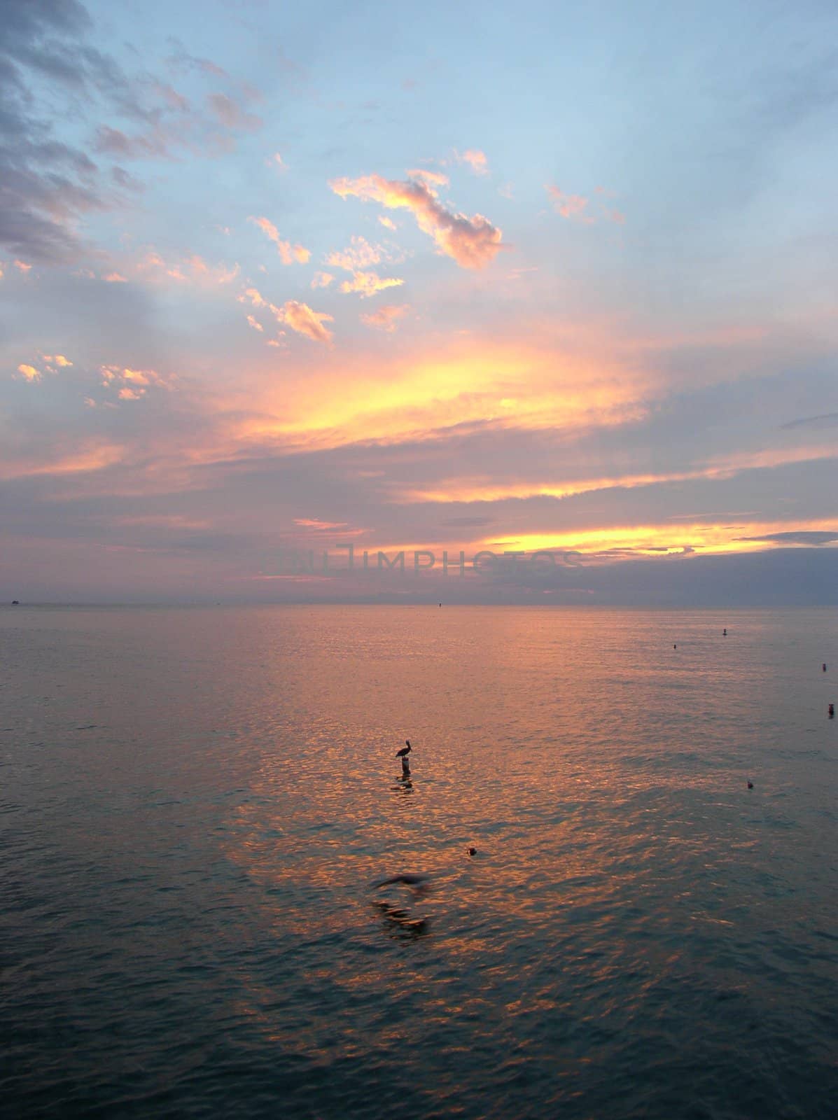 Sun sets through clouds off the Florida coast. A bird can be seen in the distance standing on a post which breaks the surface of the ocean.