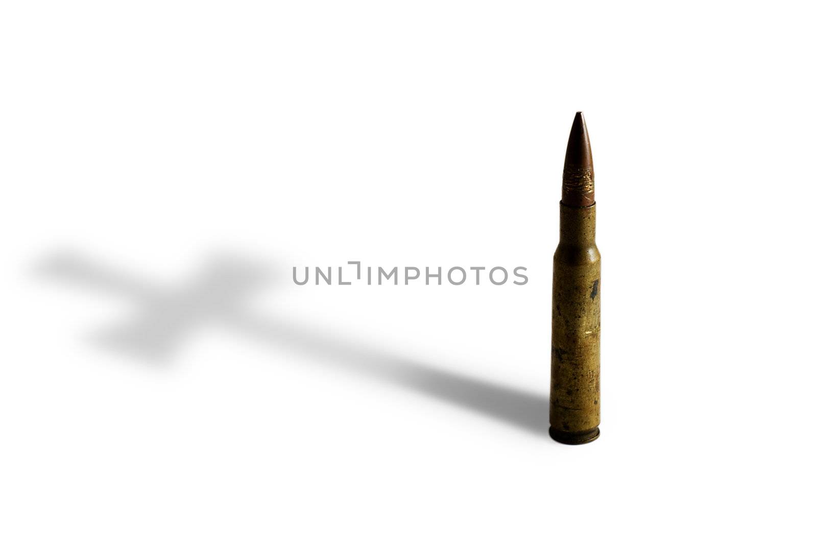 Riffle bullet casting cross shadow. Isolated on white.