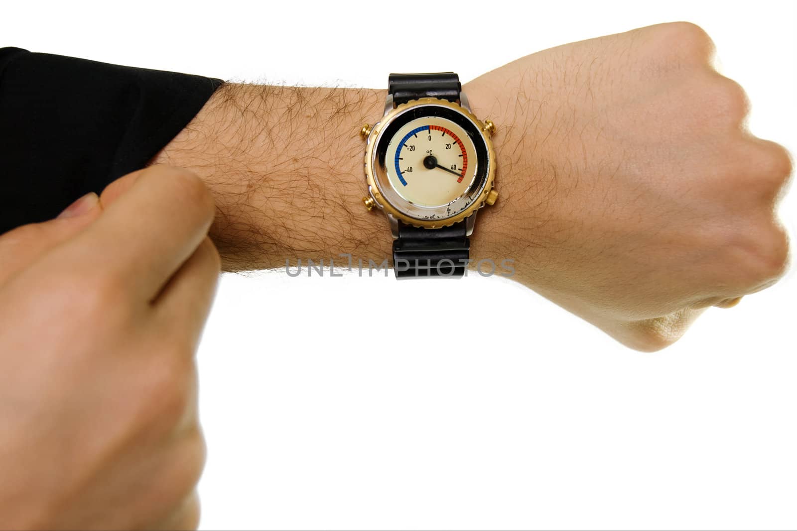 Hand with a wrist-watch with a thermometer (in Celsius) instead of hours dial. White background.