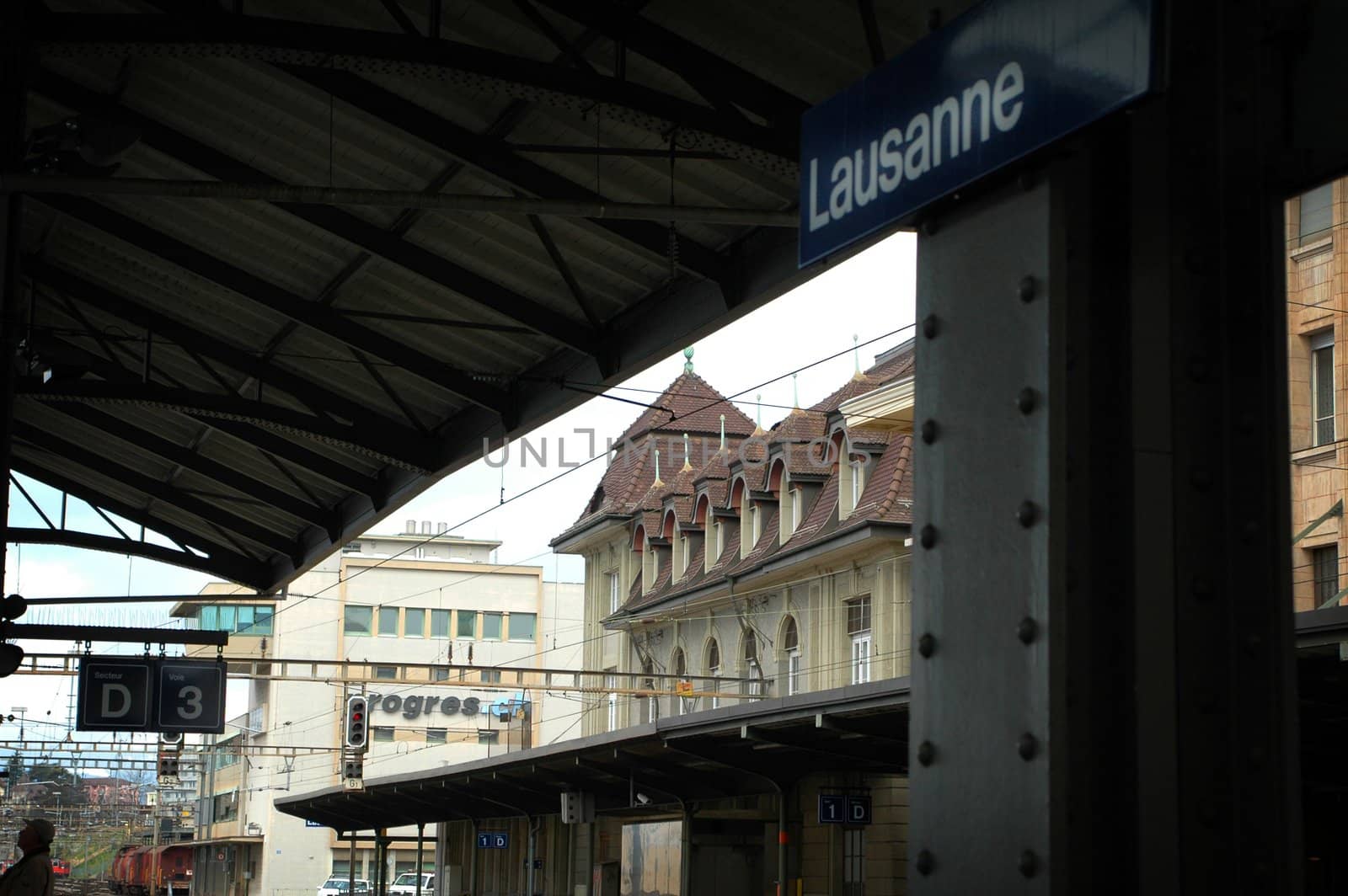 Image form the train station in Lausanne Switzerland showing the Lausanne sign.