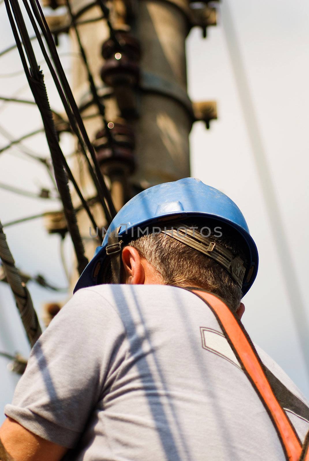 Unrecognisable bust of utility worker (from behind) with electrical cables in the background.