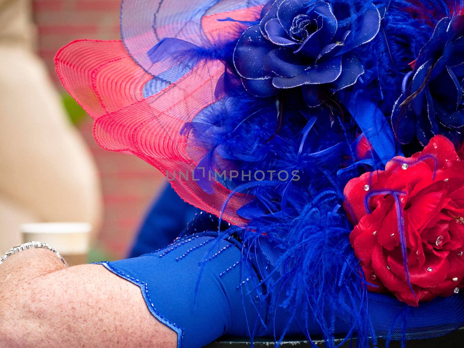 Woman with red and blue hat