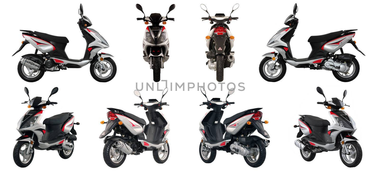 Collection of photos of scooters and motorcycles on a white background. Some images from different foreshortenings in one file.