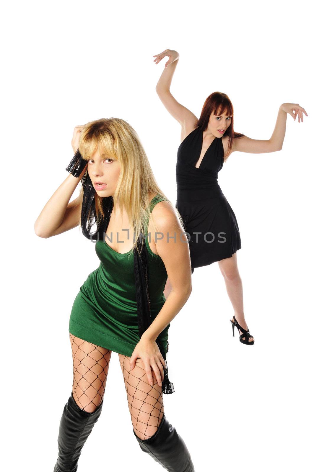 2 models dancing and getting crazy on a white background focus on the front model