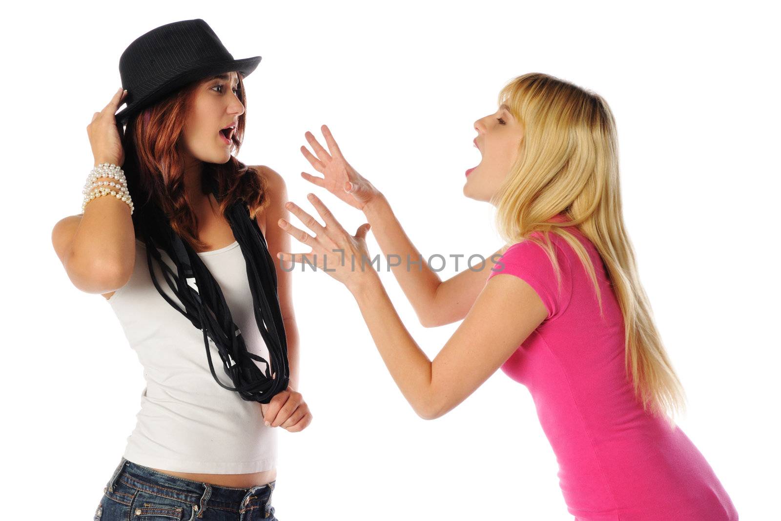 a teen in shock as a mad woman is ready to grab her on a white background