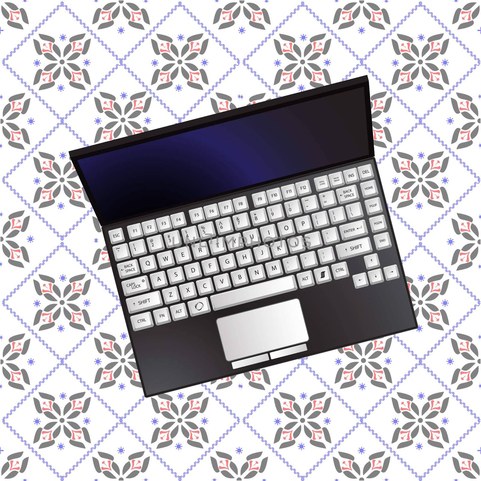 laptop over flowerish texture, abstract vector art illustration; image contains transparency