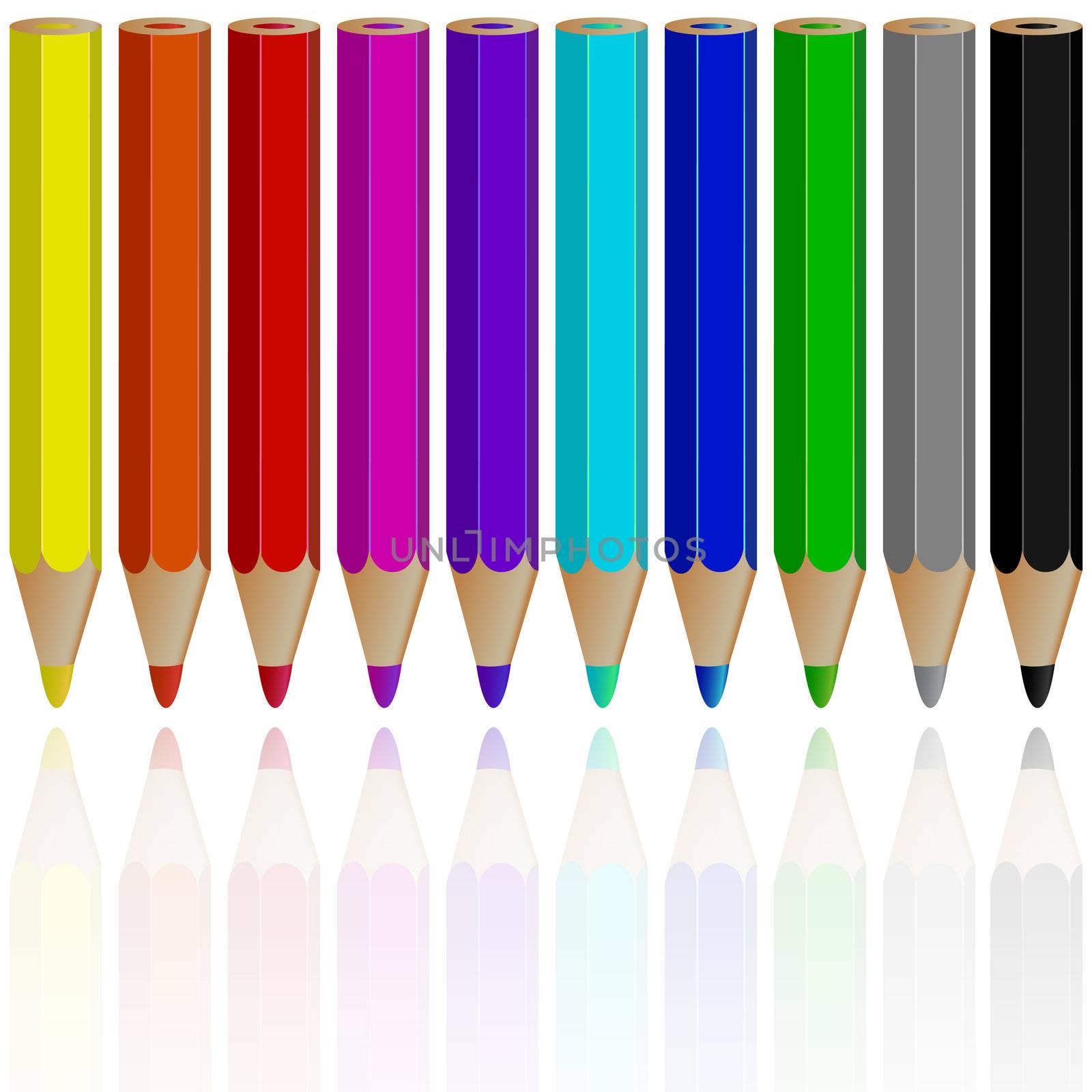 pencils reflected against white background, abstract vector art illustration; image contains transparency