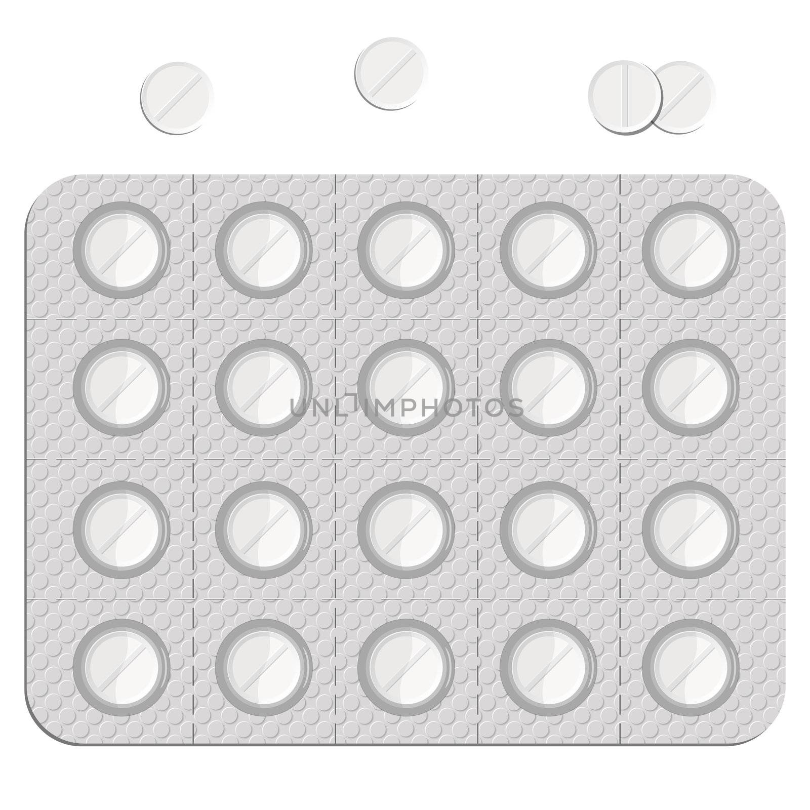 pills in a blister pack and isolated against white background, abstract vector art illustration; image contains transparency
